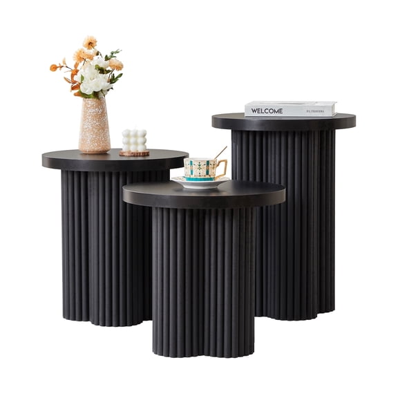 YOCWO Round End Table Set of 3 with Fluted Plum Leg for Small Space Living Room, Black