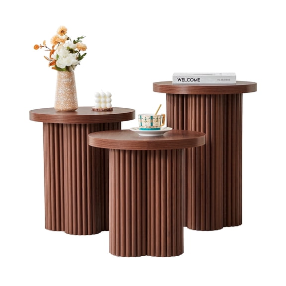 YOCWO Round End Table Set of 3 with Fluted Plum Leg for Small Space Living Room, Walnut