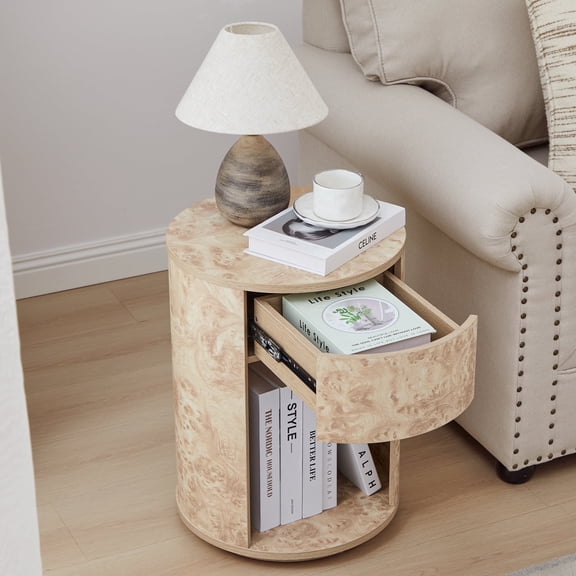 YOCWO Round End Table with Burl Wood Finish, Bedside Table with Drawer for Bedroom, Natural