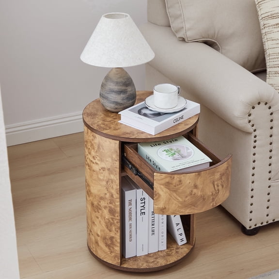 YOCWO Round End Table with Burl Wood Finish, Bedside Table with Drawer for Bedroom, Walnut