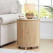 YOCWO Round End Table with Charging Station, Vertical Strip Side Tables with Sliding Door Storage for Living Room, Natural