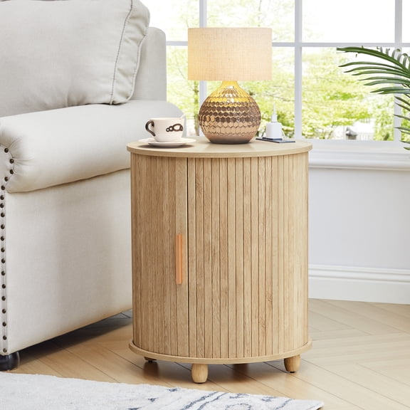 YOCWO Round End Table with Charging Station, Vertical Strip Side Tables with Sliding Door Storage for Living Room, Natural