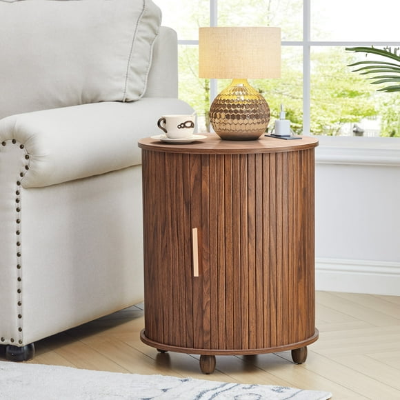 YOCWO Round End Table with Charging Station, Vertical Strip Side Tables with Sliding Door Storage for Living Room, Walnut