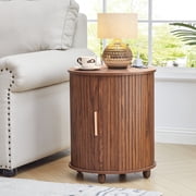 YOCWO Round End Table with Charging Station, Vertical Strip Side Tables with Sliding Door Storage for Living Room, Walnut