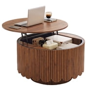YOCWO Round Lift Top Coffee Table with Hidden Storage, 31.5" Fluted Wooden Coffee Table with Seamless One-Piece Tabletop and Wave Design for Living Room, Home Office, Tea Table, Walnut