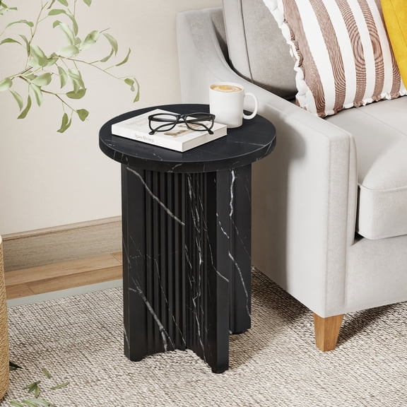 YOCWO Round Small End Tables for Living Room with Wave Base, Mordern MDF Side Table for Bedroom Small Space with Marble Veneer Finish, Black
