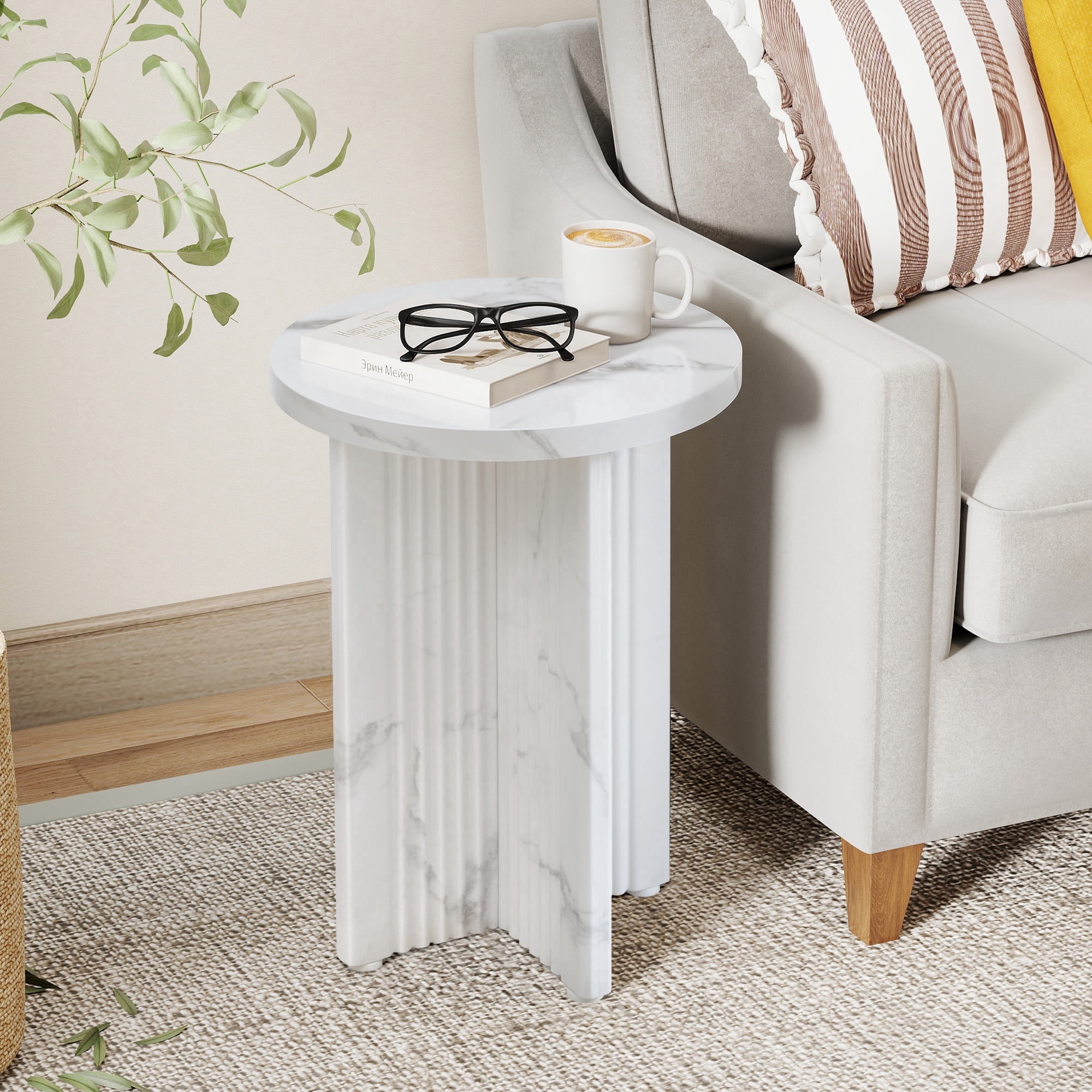 YOCWO Round Small End Tables for Living Room with Wave Base, Mordern MDF Side Table for Bedroom Small Space with Marble Veneer Finish, White
