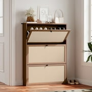 YOCWO Shoe Storage Cabinet with 3 Flip Doors for Entryway, Free Standing Linen Shoe Organizer with Open Shelf, Walnut
