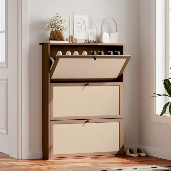 YOCWO Shoe Storage Cabinet with 3 Flip Doors for Entryway, Free Standing Linen Shoe Organizer with Open Shelf, Walnut