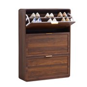 YOCWO Shoe Storage Cabinet with 3 Flip Doors for Entryway, Free Standing Wooden Shoe Organizer with Open Shelf, Walnut