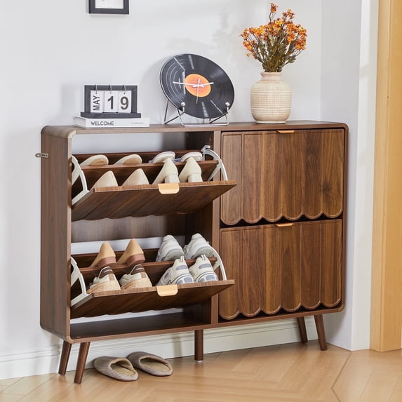 YOCWO Shoe Storage Cabinet with 4 Flip Drawers for Entryway, Shoe Rack Organizer with Wave Design, Walnut