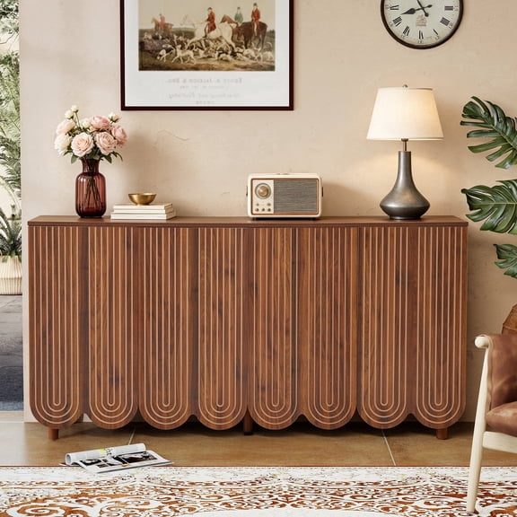 YOCWO Sideboard and Buffets with Wave Carved Line Design, Mid Century Buffet Storage Cabinet with 4 Doors and Adjustable Shelves, Accent Cabinet for Living Room Kitchen Entryway, Walnut