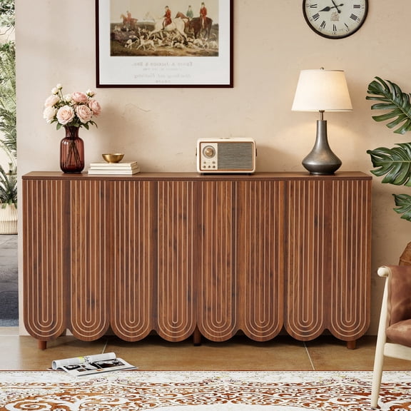 YOCWO Sideboard and Buffets with Wave Carved Line Design, Mid Century Buffet Storage Cabinet with 4 Doors and Adjustable Shelves, Accent Cabinet for Living Room Kitchen Entryway, Walnut