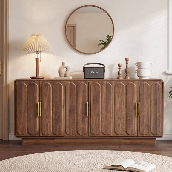 YOCWO Sideboards and Buffets, Buffet Storage Cabinet with 6 Doors and Adjustable Shelf for Kitchen Living Room Entryway, Walnut