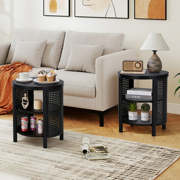 YOCWO Small Round End Table Set of 2 with Open Storage for Small Space, 3 Tier Accent Table Side Table with Iron Rattan Decor, Black
