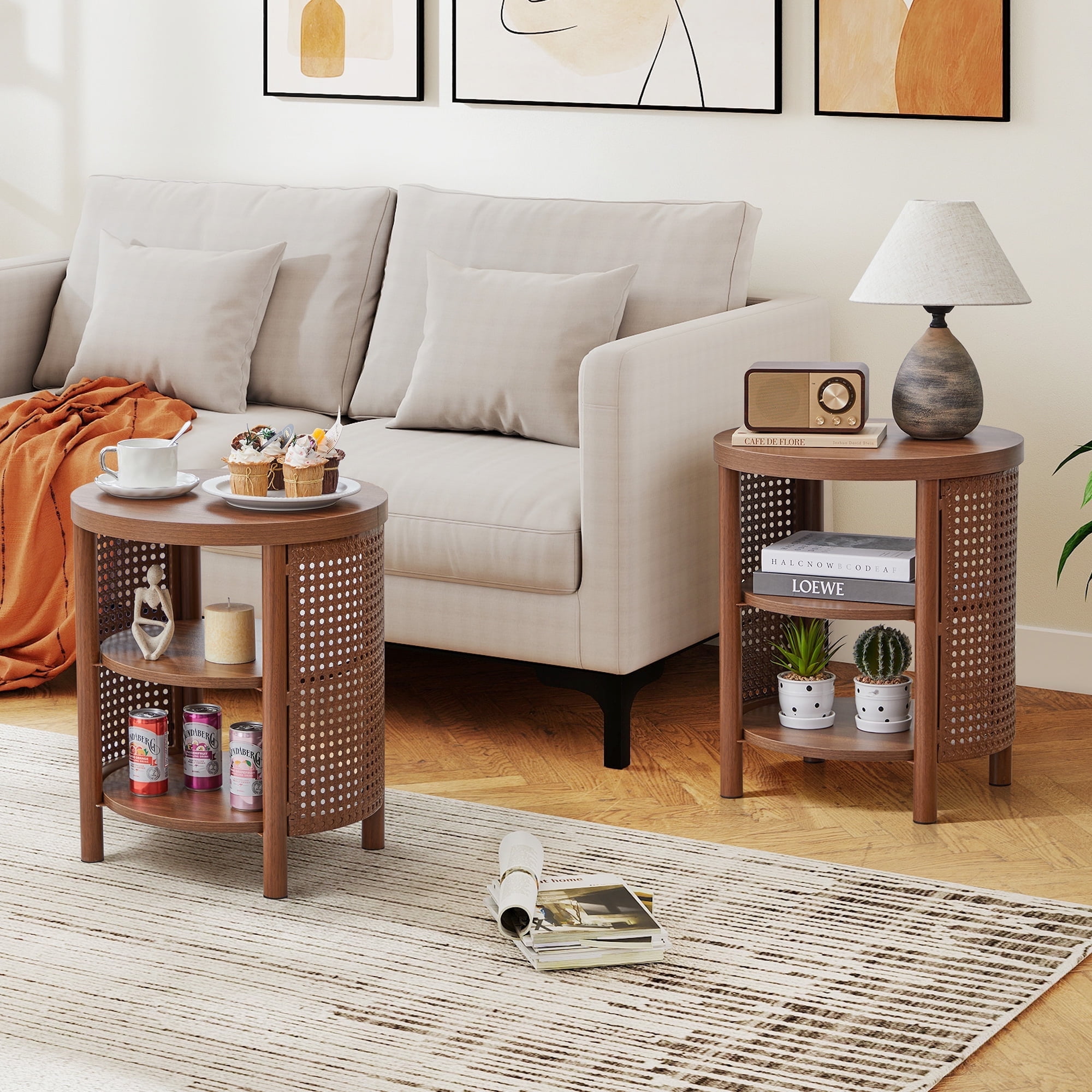 YOCWO Small Round End Table Set of 2 with Open Storage for Small Space, 3 Tier Accent Table Side Table with Iron Rattan Decor, Walnut
