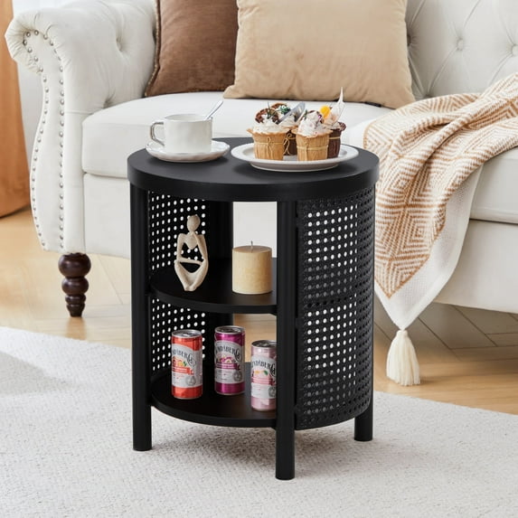 YOCWO Small Round End Table with Open Storage for Small Space, 3 Tier Accent Table Side Table with Iron Rattan Decor, Black