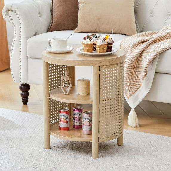 YOCWO Small Round End Table with Open Storage for Small Space, 3 Tier Accent Table Side Table with Iron Rattan Decor, Natural