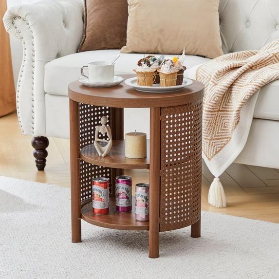 YOCWO Small Round End Table with Open Storage for Small Space, 3 Tier Accent Table Side Table with Iron Rattan Decor, Walnut