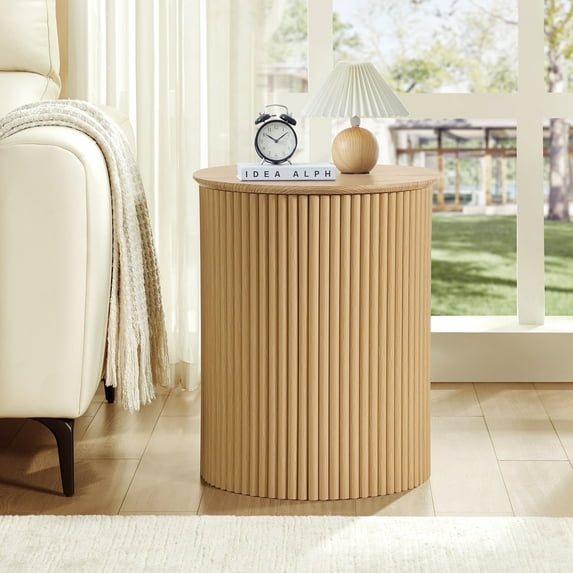 YOCWO Small Round End table for Living Room with fluted Design, Circle Bedside Table for Bedroom, Natural