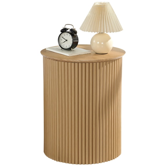 YOCWO Small Round End table for Living Room with fluted Design, Circle Bedside Table for Bedroom, Natural