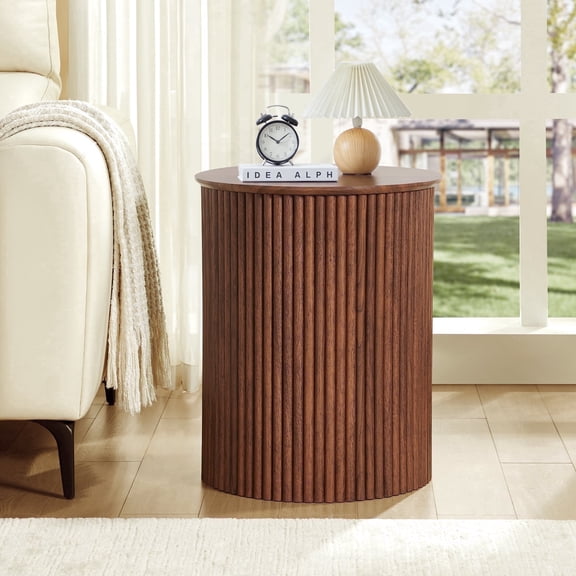 YOCWO Small Round End table for Living Room with fluted Design, Circle Bedside Table for Bedroom, Walnut