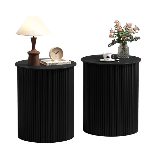 YOCWO Small Round End tables Set of 2 for Living Room with fluted Design, Circle Bedside Table for Bedroom, Black