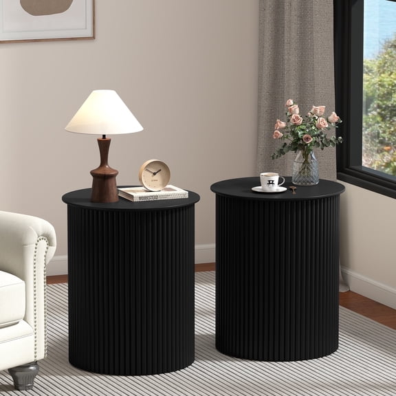 YOCWO Small Round End tables Set of 2 for Living Room with fluted Design, Circle Bedside Table for Bedroom, Black