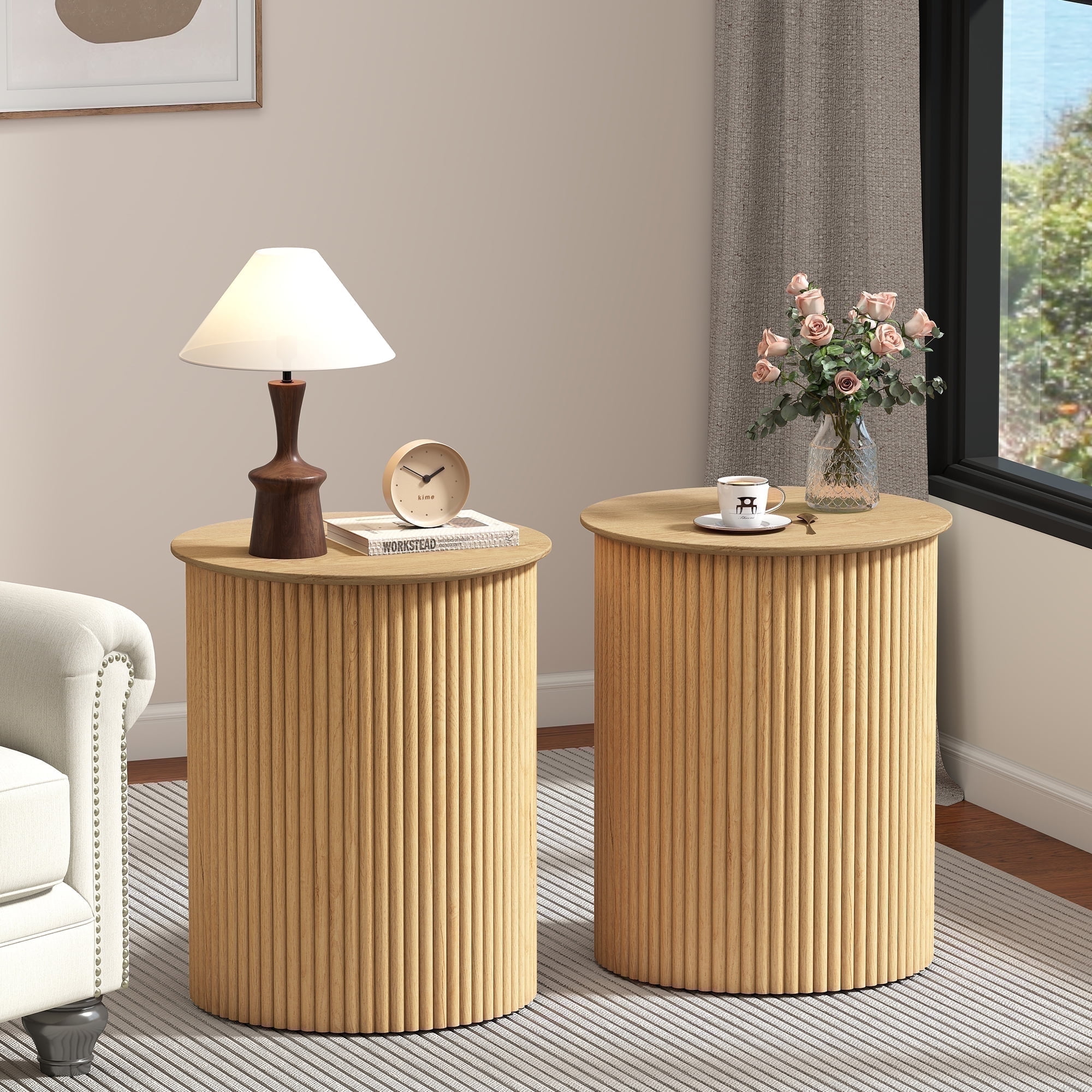 YOCWO Small Round End tables Set of 2 for Living Room with fluted Design, Circle Bedside Table for Bedroom, Natural