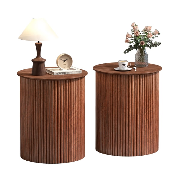 YOCWO Small Round End tables Set of 2 for Living Room with fluted Design, Circle Bedside Table for Bedroom, Walnut