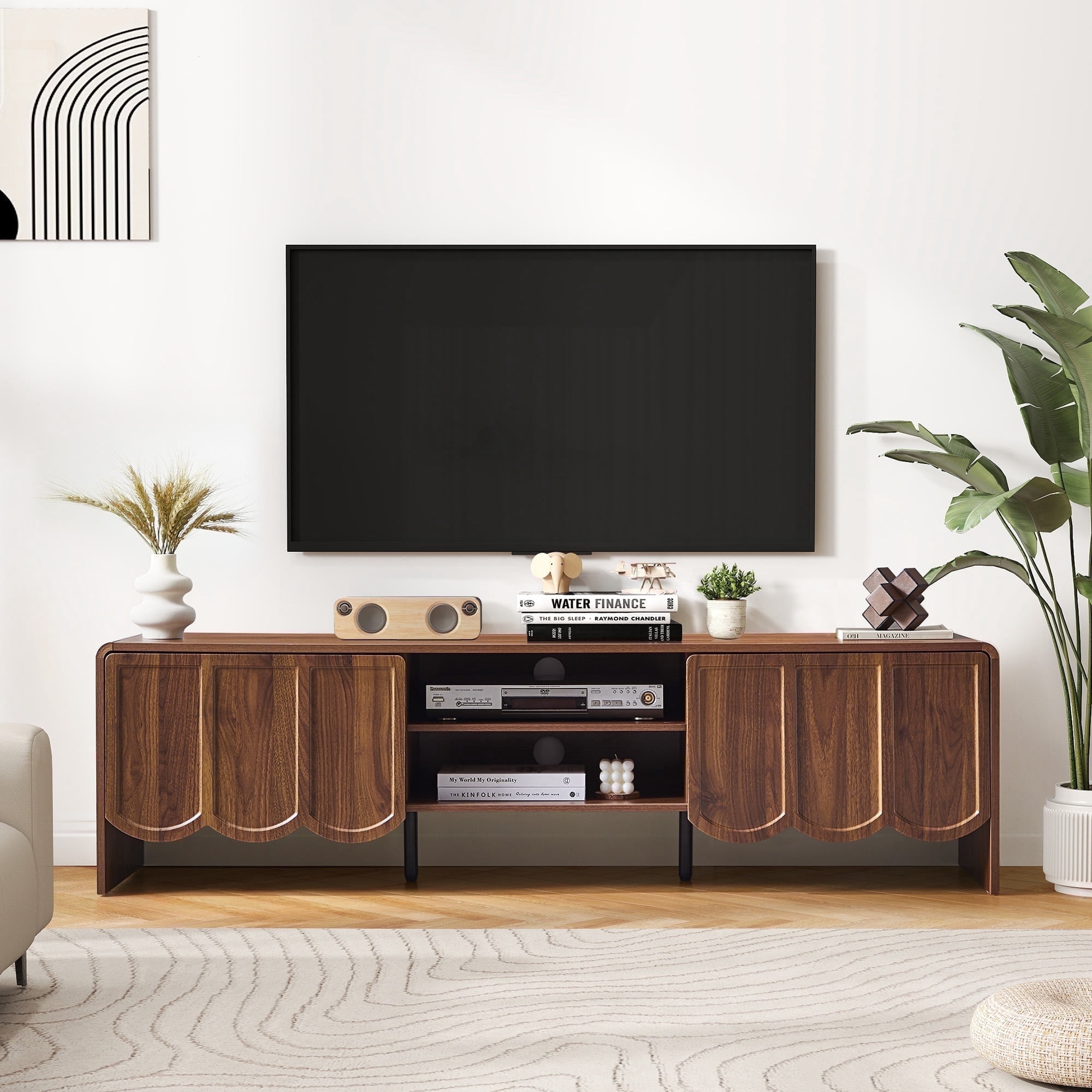 YOCWO TV Stands for 65 inch tv, TV Stand with Sliding Wave Doors, Wood Entertainment Center for TVs, Media Console Cabinet with Open Storage for Living Room, Walnut