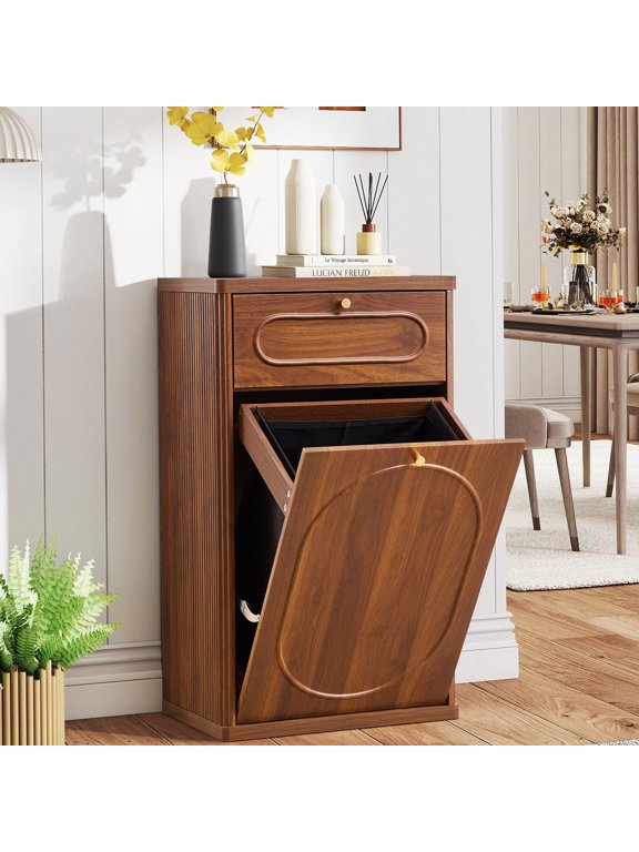 Tilt Out Trash Cabinet, 10 Gallon Farmhouse Laundry Hamper Cabinet with 1 Drawers, Hidden Wooden Trash Can Cabinets with Storage Basket for Kitchen, Walnut