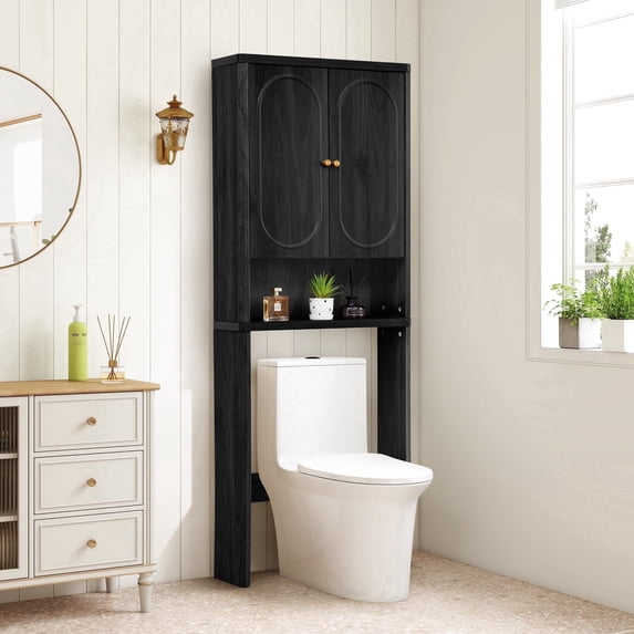 YOCWO Over The Toilet Storage Cabinet, Mid Century Storage Cabinet Over Toilet with 2 Doors and Open Shelf, Home Space Saver for Bathroom, Living Room, Black