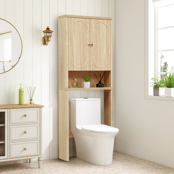 YOCWO Over The Toilet Storage Cabinet, Mid Century Storage Cabinet Over Toilet with 2 Doors and Open Shelf, Home Space Saver for Bathroom, Living Room, Oak