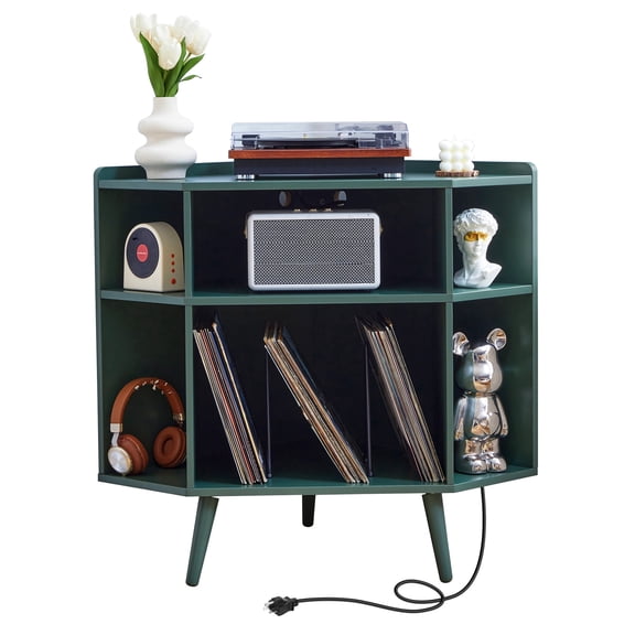 YOCWO Triangle Record Player Stand with Charging Station, Turntable Stand Table Holds Max 200 Albums, Corner Vinyl Record Storage Cabinet with Wood Legs for Living Room Bedroom Office, Green