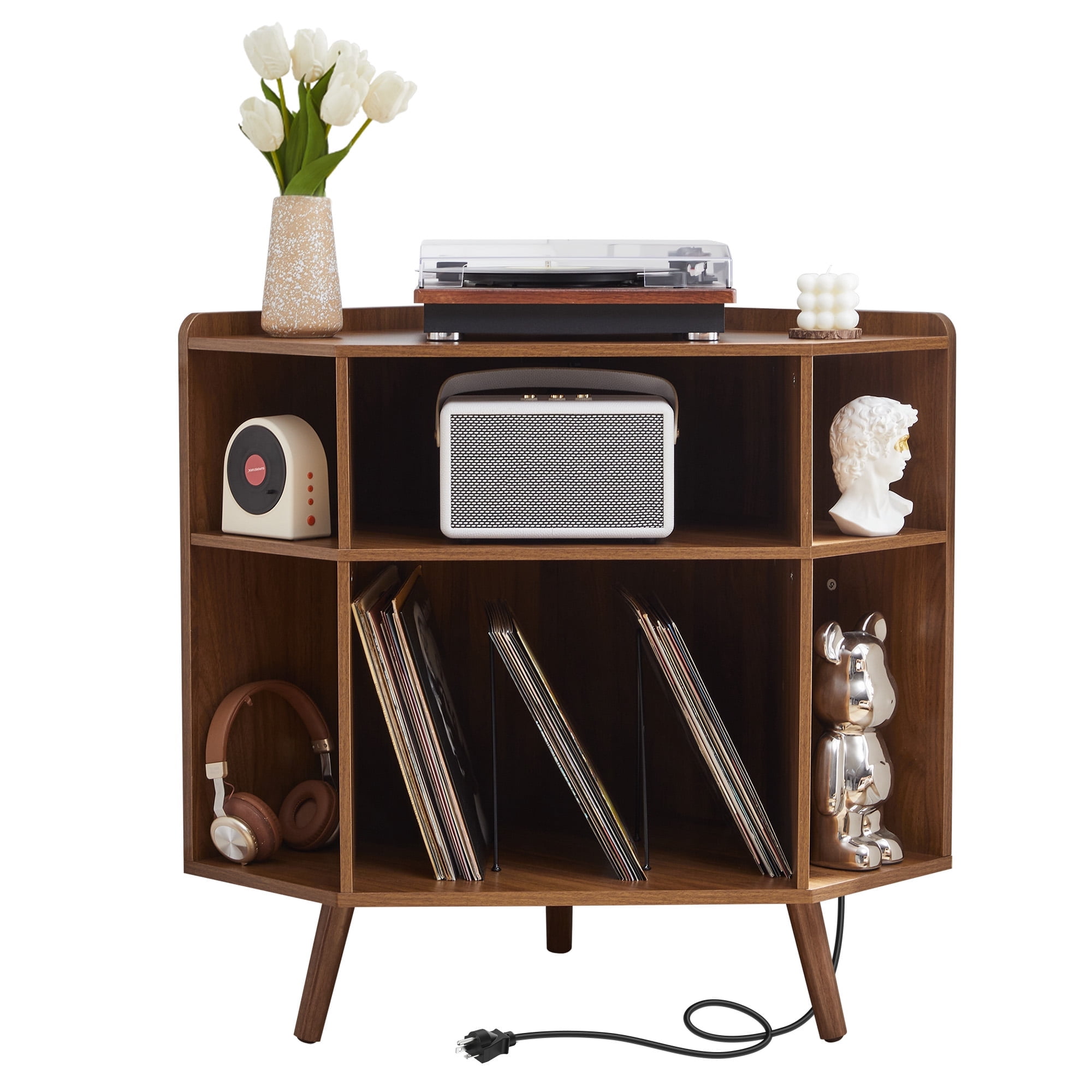 YOCWO Triangle Record Player Stand with Charging Station, Turntable Stand Table Holds Max 200 Albums, Corner Vinyl Record Storage Cabinet with Wood Legs for Living Room Bedroom Office, Walnut