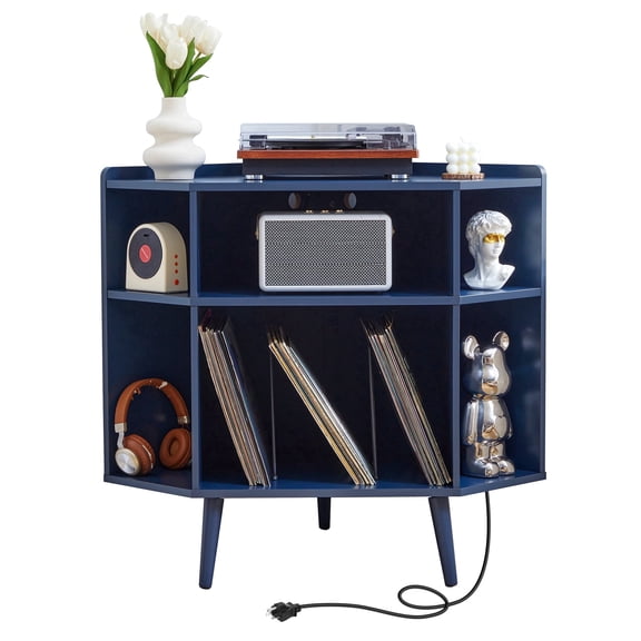 YOCWO Triangle Record Player Stand with Charging Station, Turntable Stand Table Holds Max 200 Albums, Corner Vinyl Record Storage Cabinet with Wood Legs for Living Room Bedroom Office, Blue