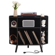 YOCWO Triangle Record Player Stand with Charging Station, Turntable Stand Table Holds Max 200 Albums, Corner Vinyl Record Storage Cabinet with Wood Legs for Living Room Bedroom Office, Black