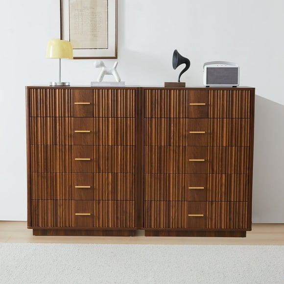 YOCWO Unique Fluted 5 Drawer Dresser Set of 2, Mid Century Tall Storage Dresser Chest of Drawer for Bedroom, Walnut