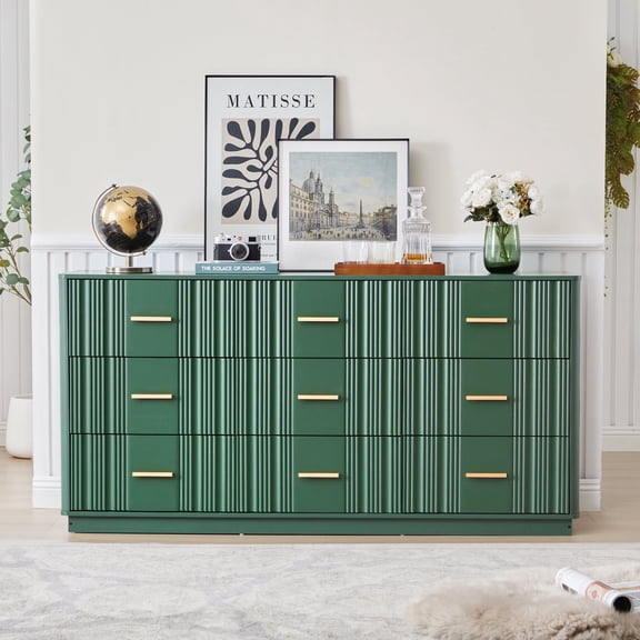 YOCWO Unique Fluted 9 Drawer Dresser, Mid Century Double Storage Dresser Chest of Drawer for Bedroom, Green