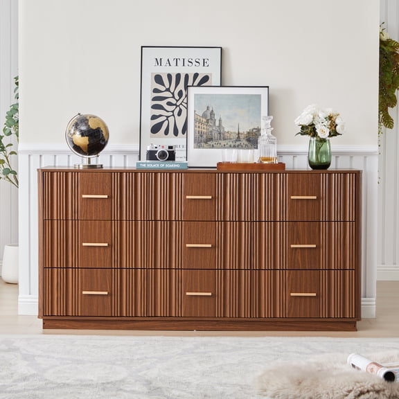 YOCWO Unique Fluted 9 Drawer Dresser, Mid Century Double Storage Dresser Chest of Drawer for Bedroom, Walnut