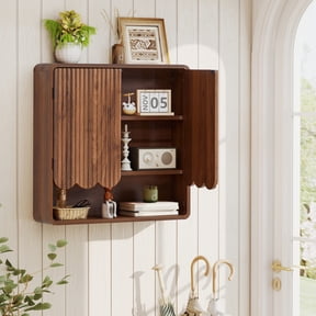 YOCWO Wall Mounted Storage Cabinet with Adjustable Shelf and Wave Fluted Design, Farmhouse Decor for Laundry Entryway Home Office, Walnut
