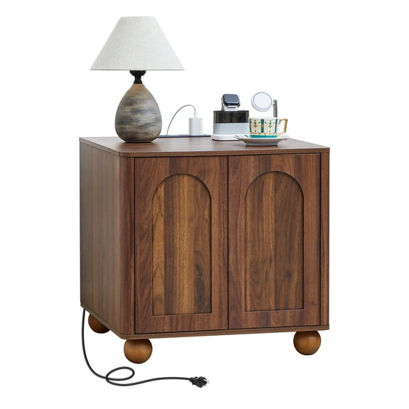 YOCWO Walnut Square End Table with Charging Stations for Living Room, Wood Bedside Table with Arched Fluted and Open Storage