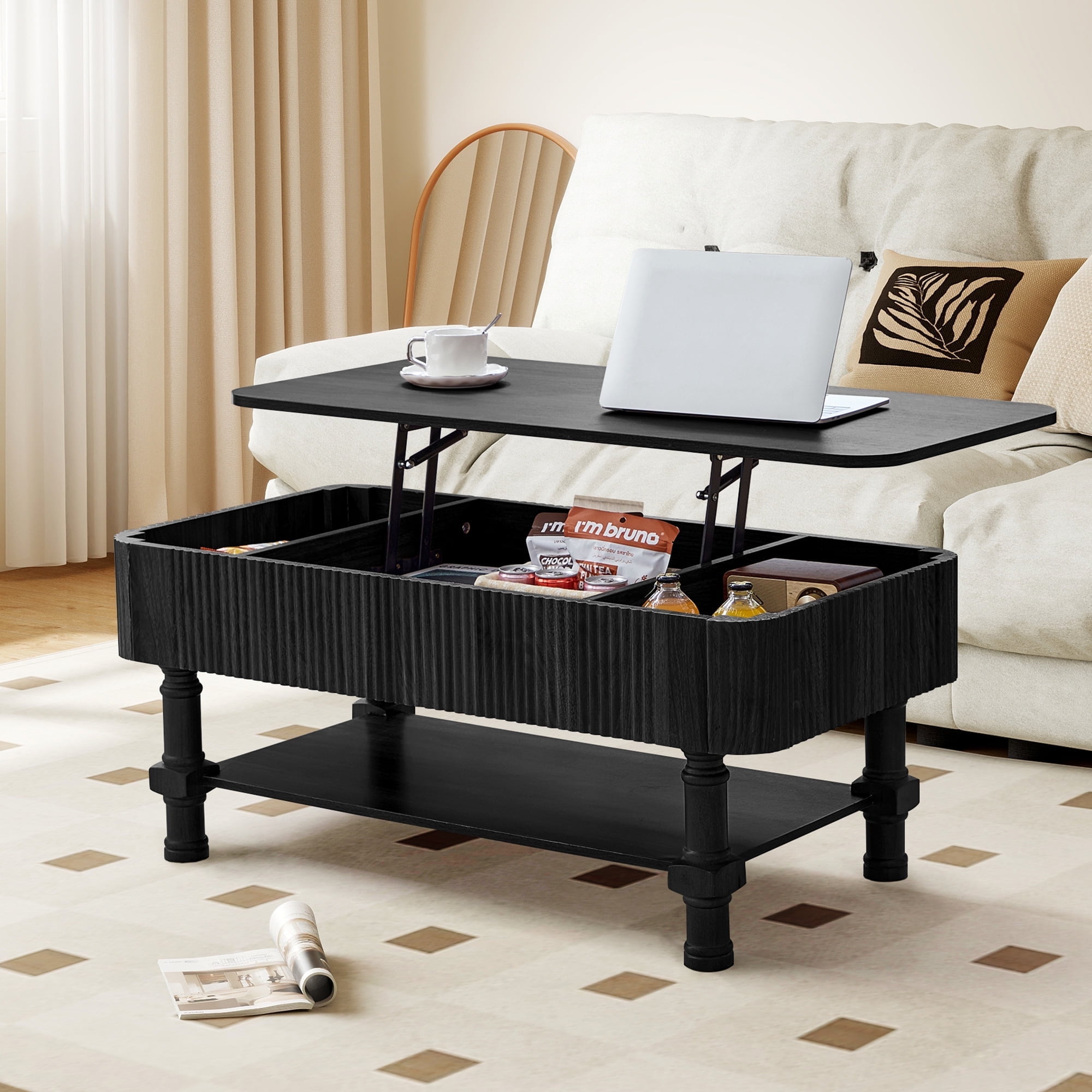 YOCWO Wood Roman Column Lift Top Coffee Table with Storage, Fluted Rectangle Coffee Table with Hidden Compartments for Living Room, Black