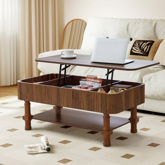 YOCWO Wood Roman Column Lift Top Coffee Table with Storage, Fluted Rectangle Coffee Table with Hidden Compartments for Living Room, Walnut