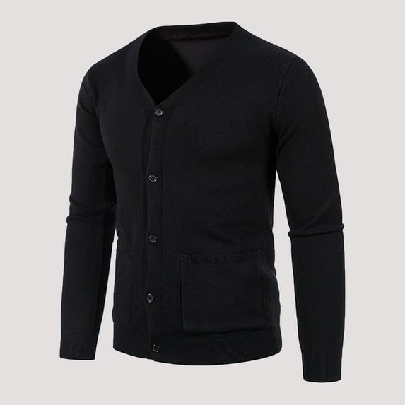 YODETEY Autumn and Winter Men'S Leisure Slim Fit V-Neck Collar Cardigan Sweater Coat Black 6(L)