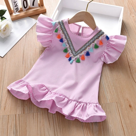YODETEY Baby Girls Dress Toddler Baby Girls Fly Sleeve Tassels Ruffle Stripe Print Princess Dress Outfits Pink 2-3 Years