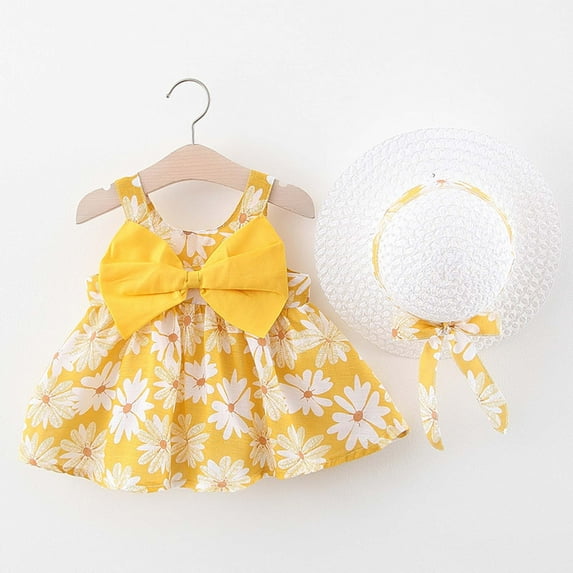 HWRETIE Baby Girls Dress Toddler Kids Baby Girl Summer Bow Print Suspender Dress with Hat Yellow 2-3years