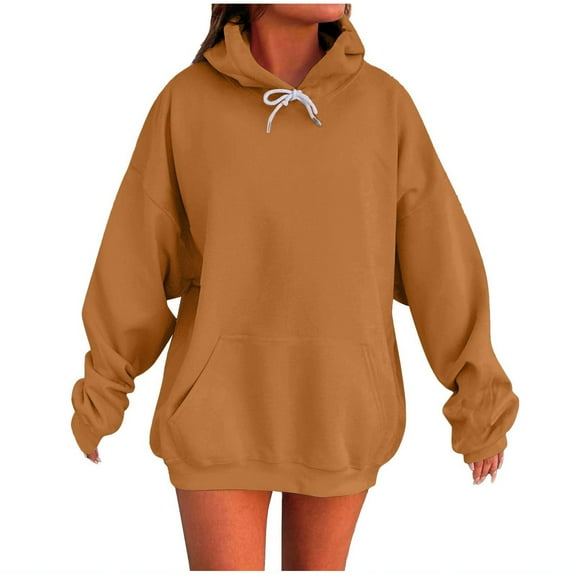YODETEY No Boundaries Hoodies for Women, Drawstring Oversized Solid Color Long Sleeve Fleece Sweatshirt, Trendy Pullover Sweaters with Pockets, Brown,Women's Plus M