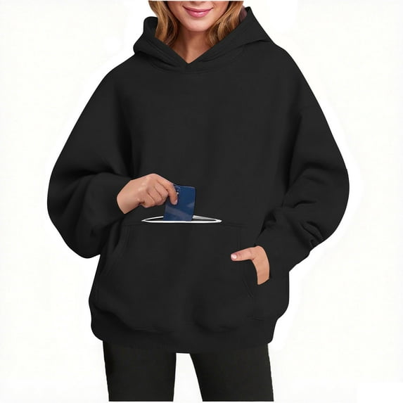 YODETEY Womens Pullover Sweaters, Womens Oversized Hoodies Fleece Sweatshirts, Long Sleeve Hooded Sweatshirts with Pockets, Black,Women's Plus M